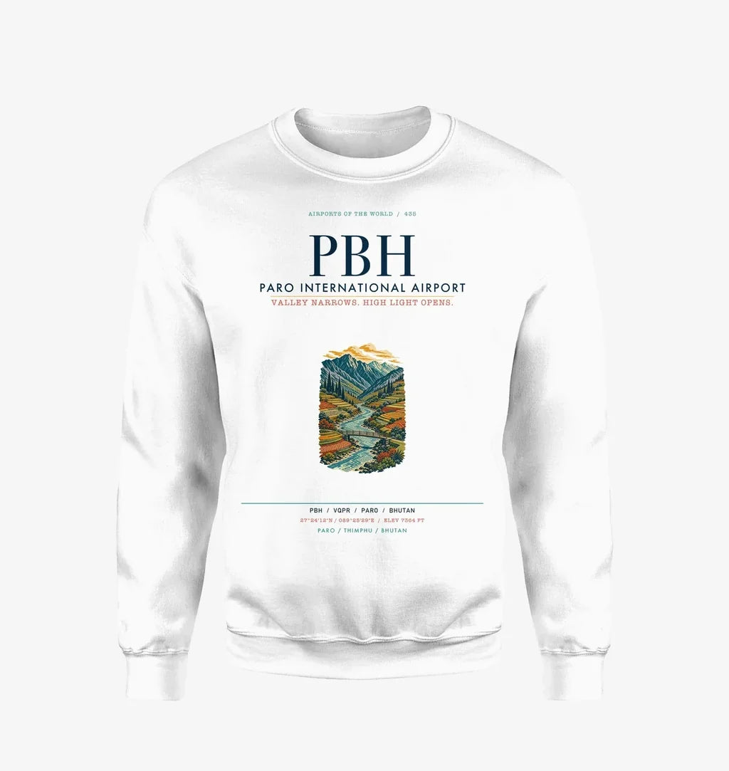 Paro International Airport (PBH) design on white sweatshirt