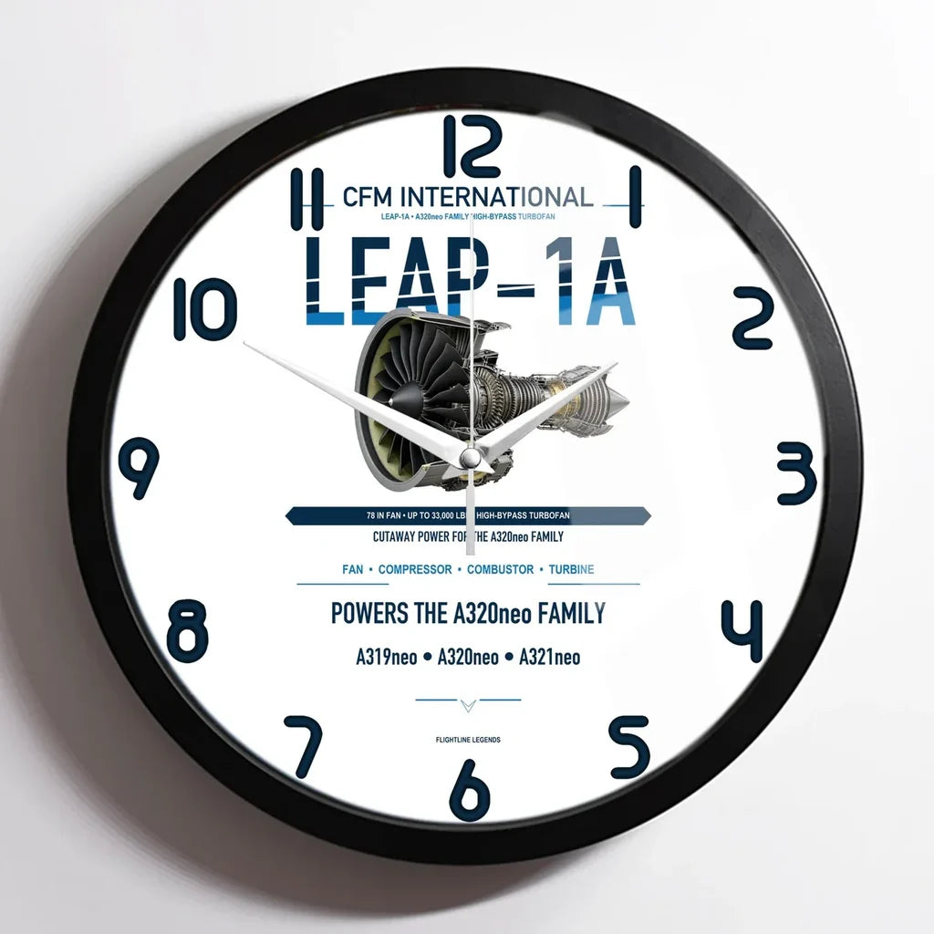 CFM LEAP-1A design on white framed wall clock