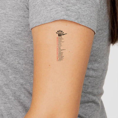 Aviation Alphabet aviation temporary tattoo in skin-safe adhesive paper.