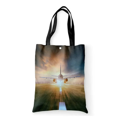 Airplane Flying Over Runway aviation design tote bag, canvas construction.