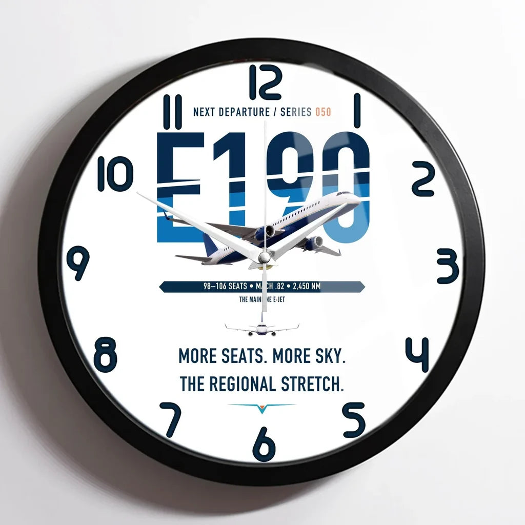 Embraer E190 design on white framed wall clock