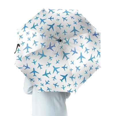Many Airplanes aviation design on windproof polyester umbrella.
