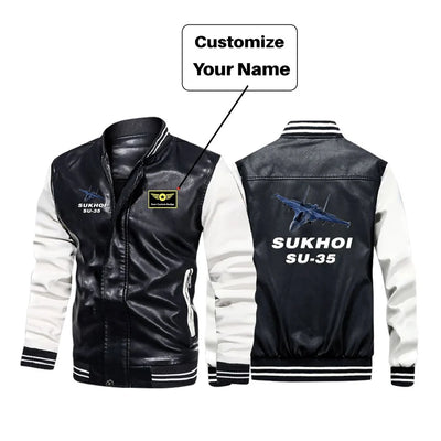 The Sukhoi SU-35 aviation design printed on genuine leather with modern tailored fit stylish leather jacket.
