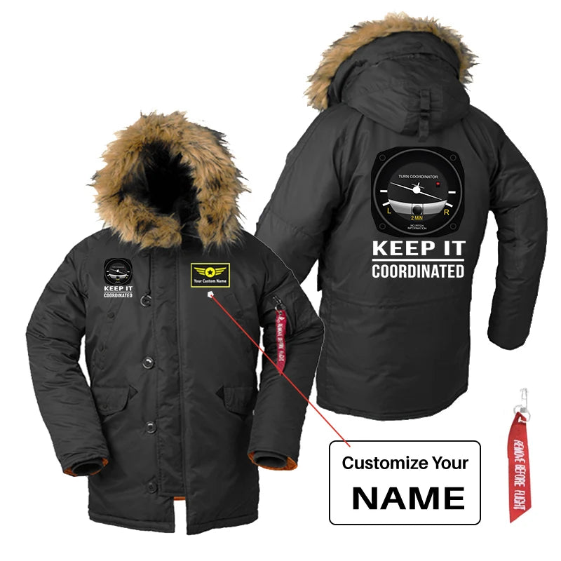Keep It Coordinated aviation design printed on heavyweight shell with hooded warmth parka bomber.