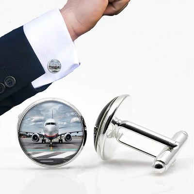 Amazing Clouds and Boeing 737 NG aviation-themed cuff links, polished metal.