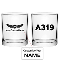 Thumbnail for Airbus A319 Flat Text aviation design on whiskey glass, special-edition crystal cut.