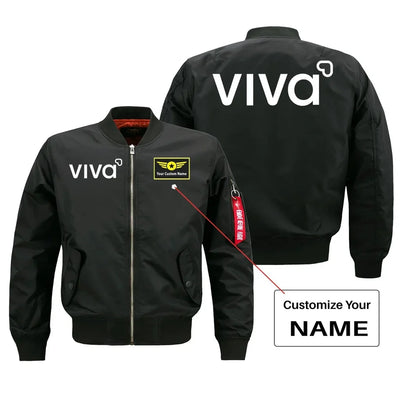 Viva Aerobus aviation design with custom name embroidered on black bomber jacket