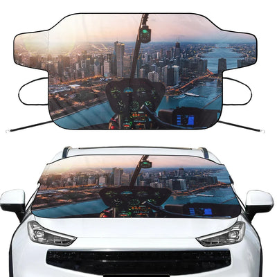 Amazing City View from Helicopter Cockpit Car aviation design on car windshield cover.