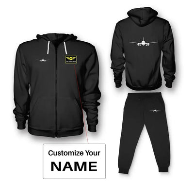 Airbus A320 Silhouette aviation design on soft cotton blend zipped hoodie and sweatpants set.