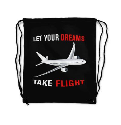 Let Your Dreams Take Flight aviation design drawstring bag, lightweight polyester construction.