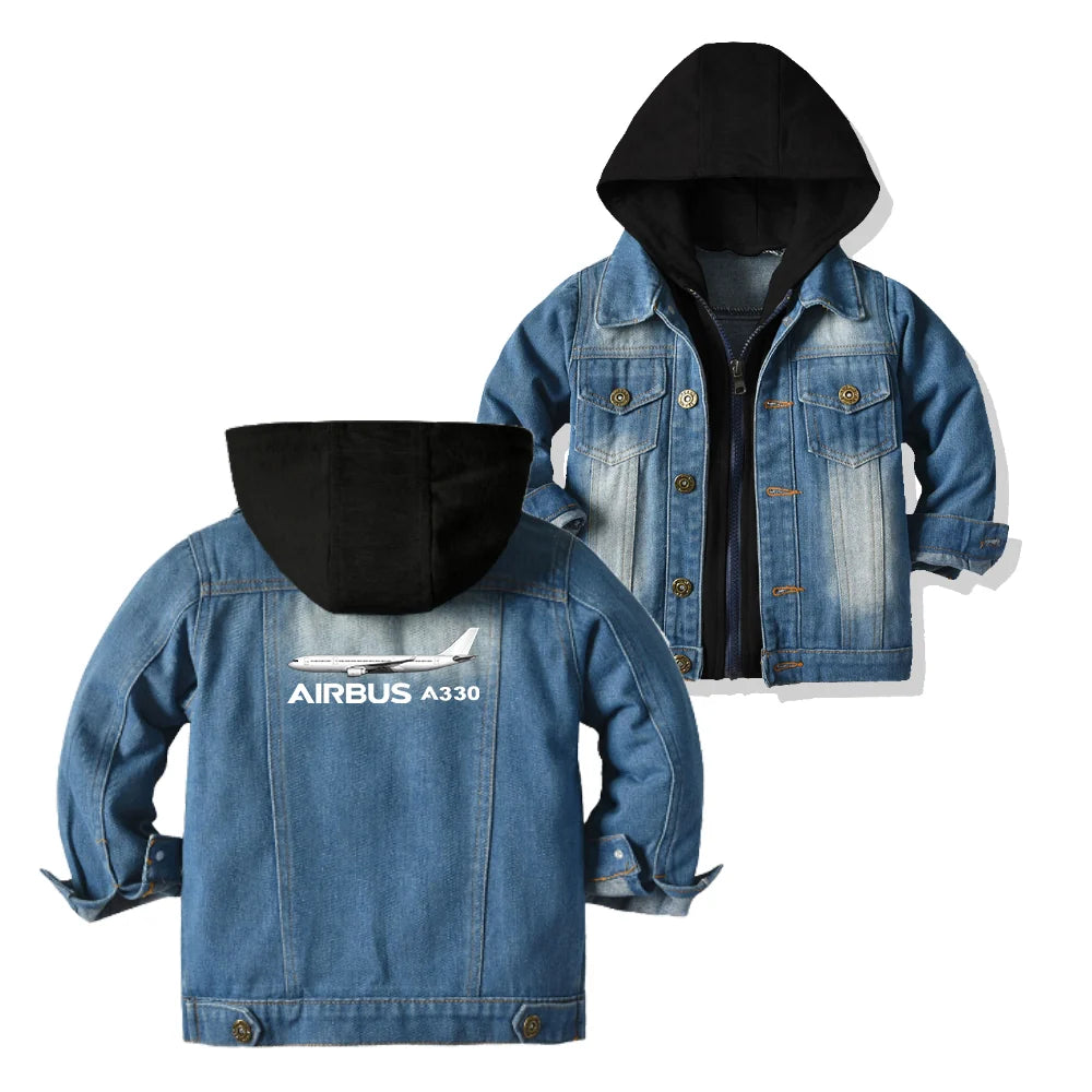 The Airbus A330 aviation design printed on denim shell with hood kids' hooded denim jacket.