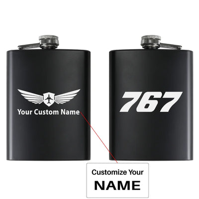 Boeing 767 Flat Text aviation design on stainless hip flask, compact pocket-size flask.
