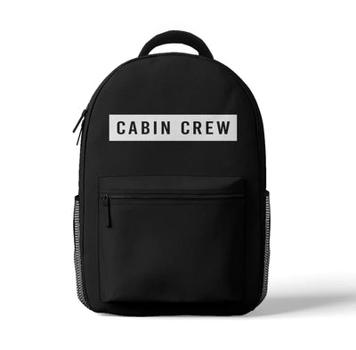 Cabin Crew Text aviation design backpack, durable polyester construction.