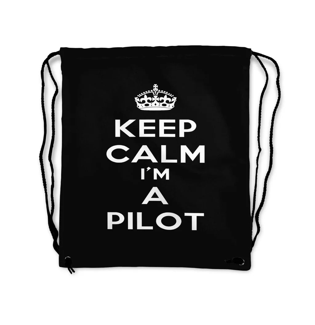 Keep Calm I'm a aviation print drawstring bag, lightweight polyester.