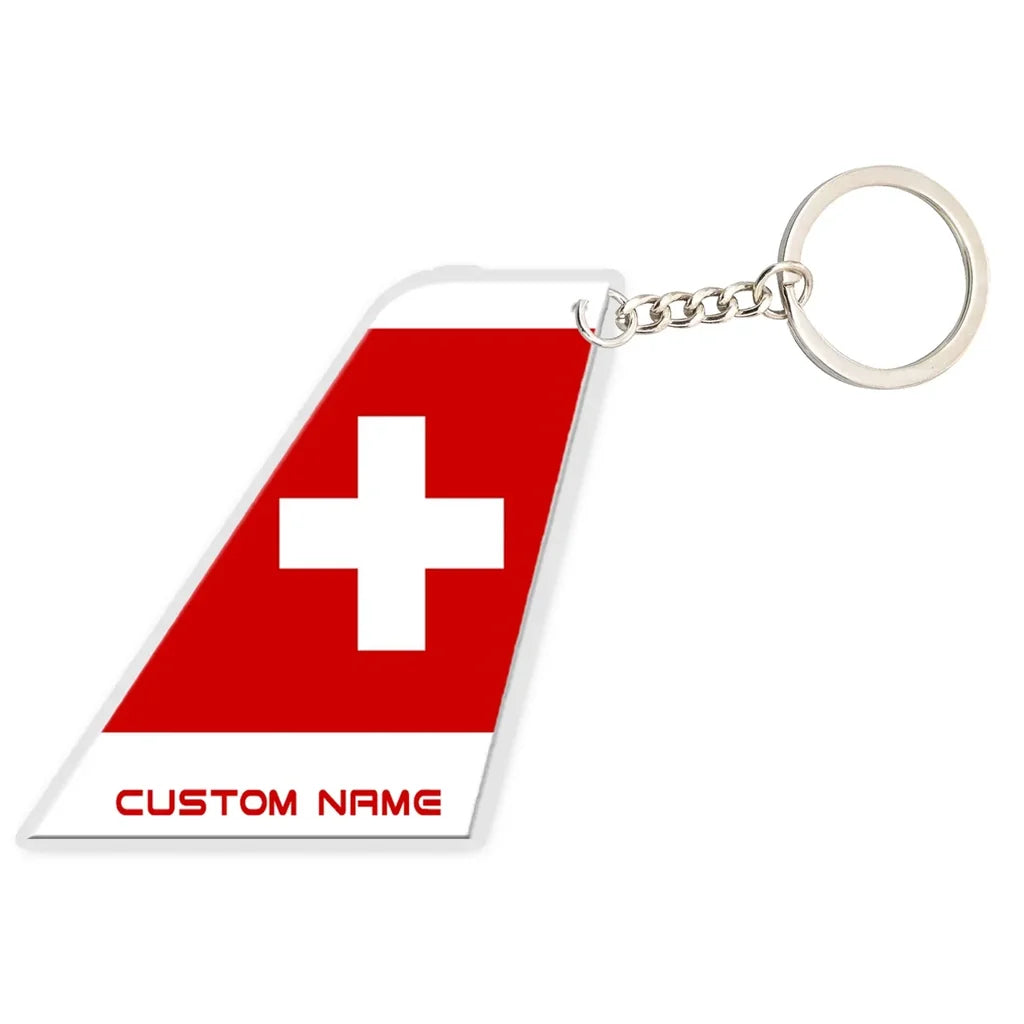 Swiss Airlines aviation shaped key chain, durable metal alloy.