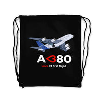 Thumbnail for Airbus A380 Love at first flight aviation print drawstring bag, lightweight polyester.