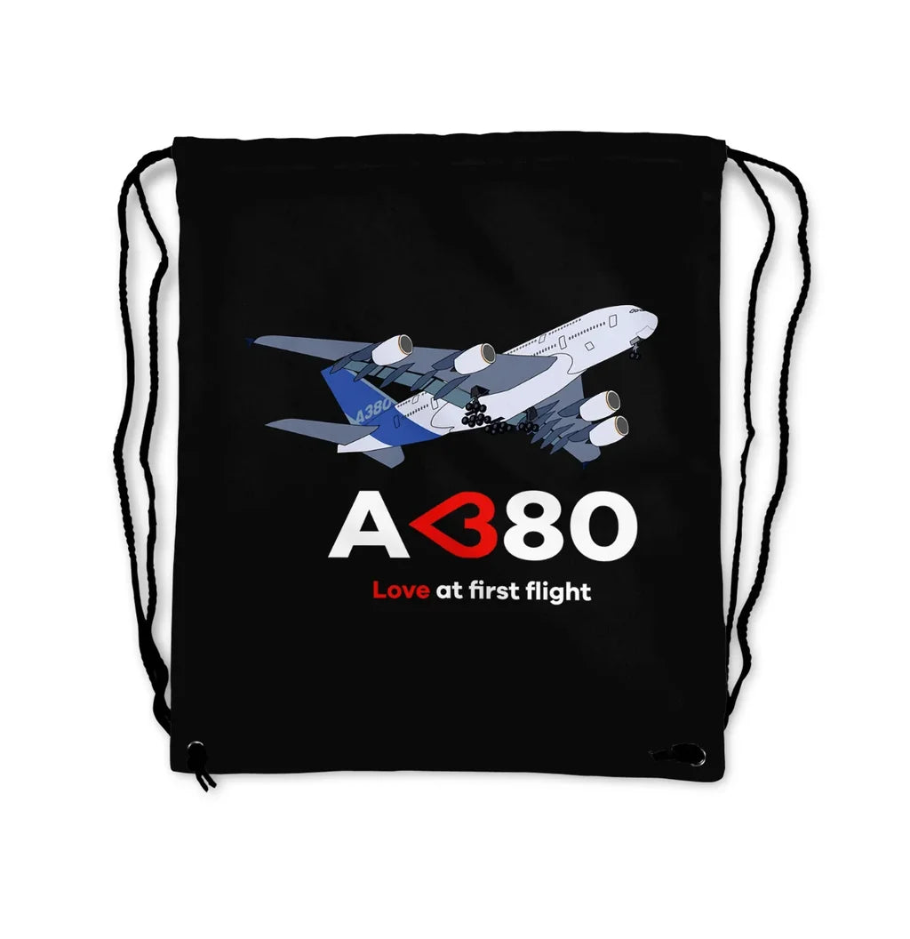 Airbus A380 Love at first flight aviation print drawstring bag, lightweight polyester.