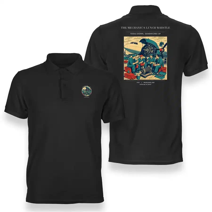VINTAGE G4452 - The Mechanic's Lunch Whistle - Double-Side Polo T-Shirt design on black