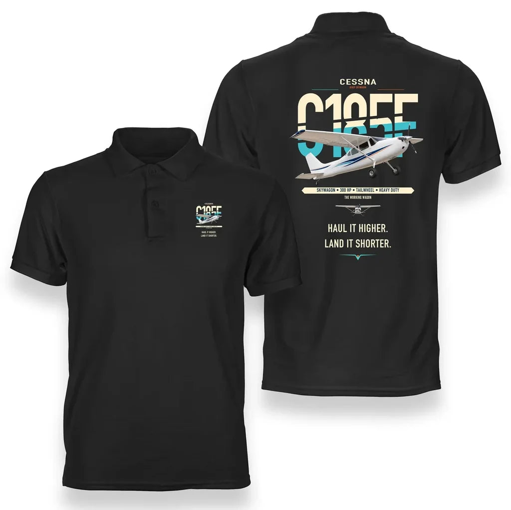 Cessna A185F Skywagon design on black double-side polo t-shirt, double-side print