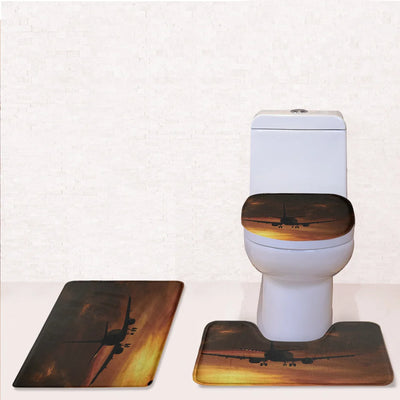 Beautiful Aircraft Landing at Sunset Toilet Seat Cover Three-piece aviation print on soft fabric toilet seat cover set.