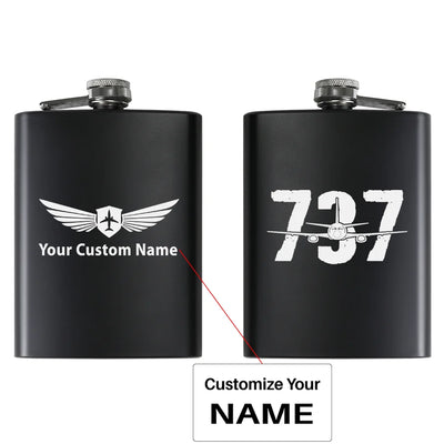 Boeing 737 aviation design on stainless hip flask, compact pocket-size flask.