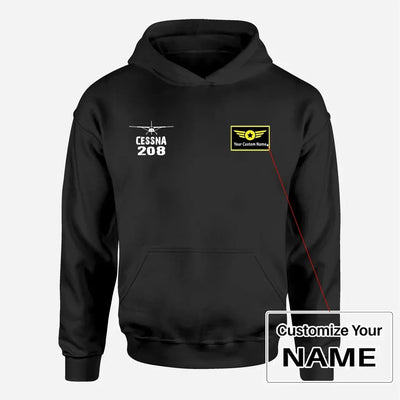 Cessna 208 & Plane aviation design on soft cotton blend men's hoodie with small chest logo.
