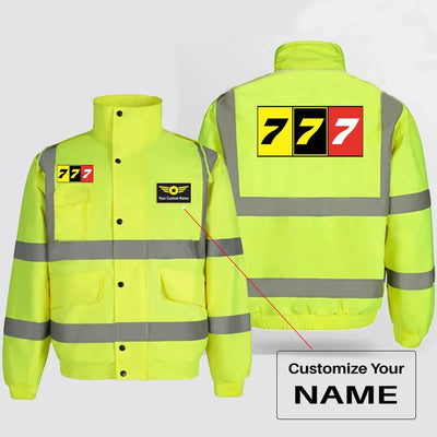 Flat Colourful 777 aviation design printed on insulated shell with high-visibility reflective panels reflective winter jacket.