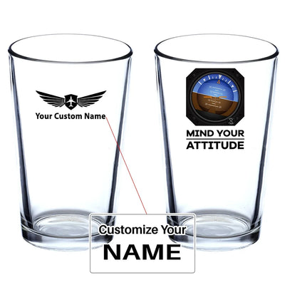 Mind Your Attitude Beer & aviation design on beer water glass, versatile drinkware.