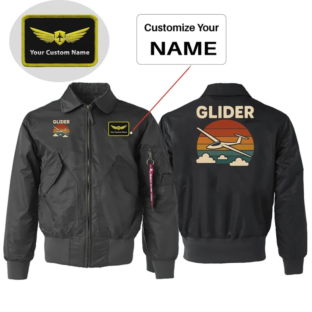 Retro I Love Gliding Embroidered aviation design printed on padded shell with hook-and-loop patch panels patch bomber jacket.