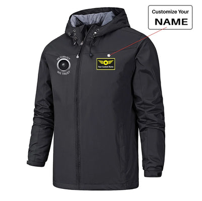 In Thrust We Trust Rain Jackets & Windbreakers aviation design printed on waterproof shell with sealed seams small-logo rain.