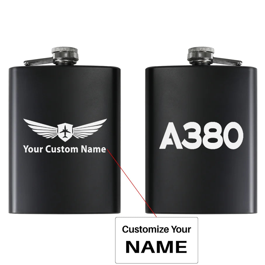 Airbus A380 Flat Text aviation design on stainless hip flask, compact pocket-size flask.