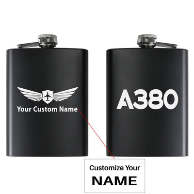 Airbus A380 Flat Text aviation design on stainless hip flask, compact pocket-size flask.