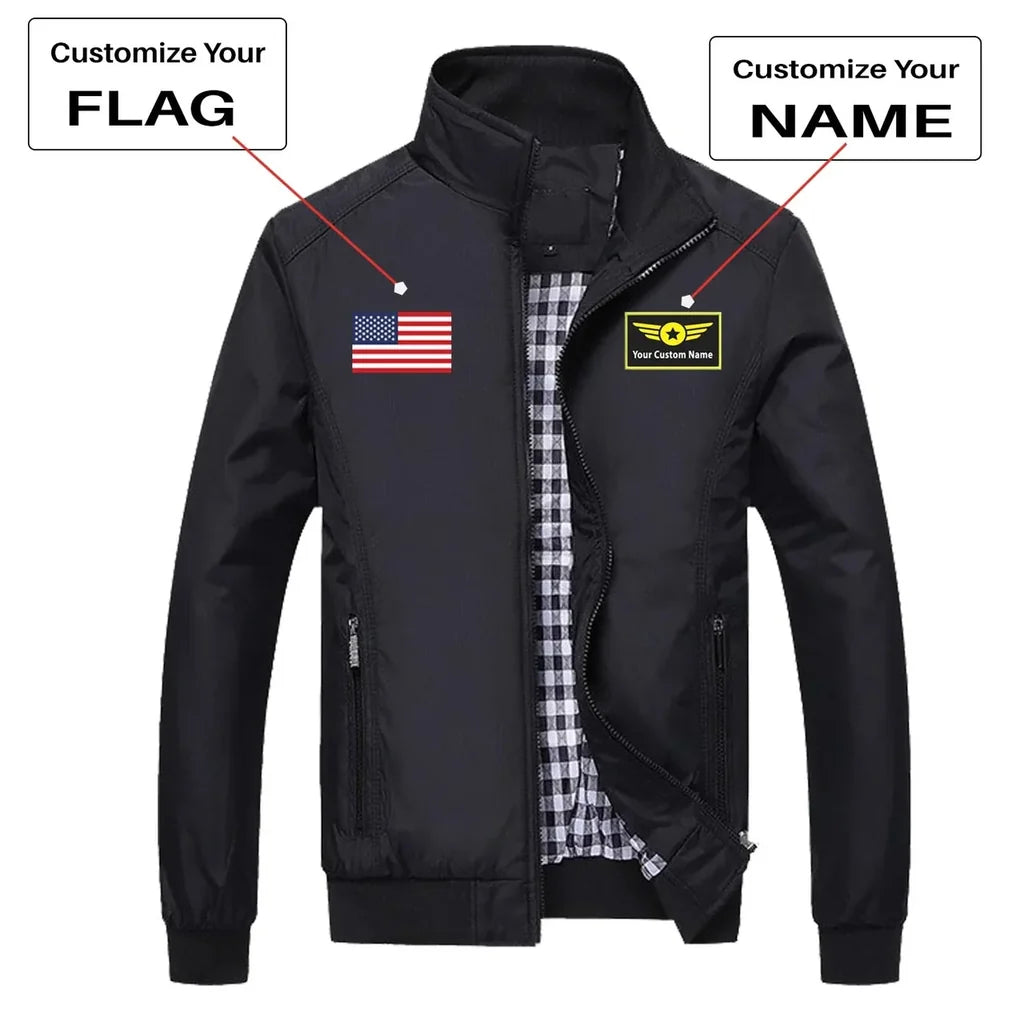 Custom Flag & Name with "Special Badge" aviation design printed on modern shell with tailored fit stylish jacket.
