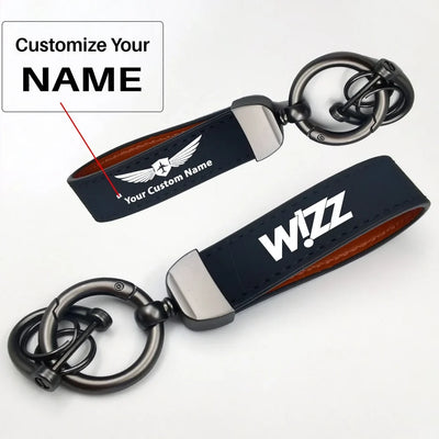 Side view of Wizz Airlines aviation horseshoe-buckle key chain in polished metal alloy, polished finish.