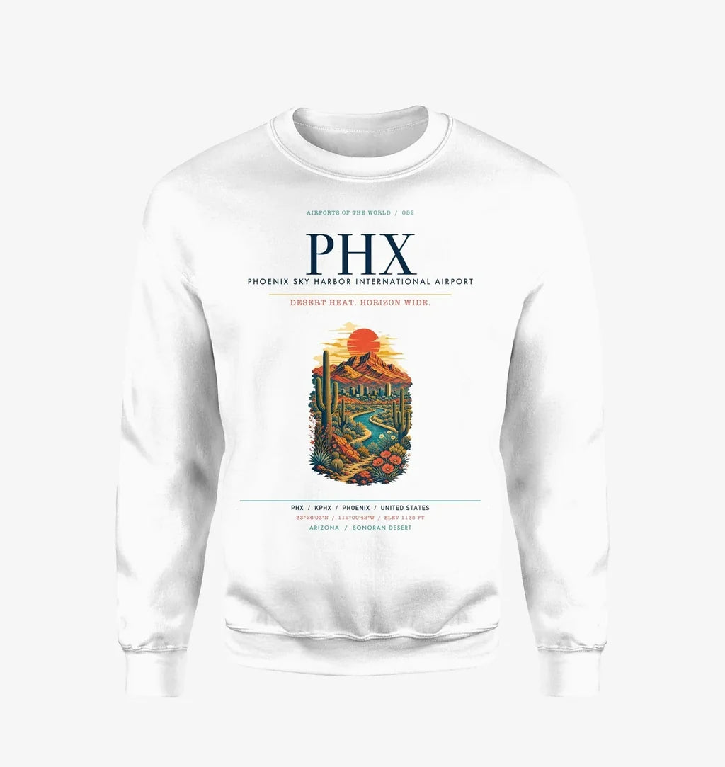 Phoenix Sky Harbor International Airport (PHX) design on white sweatshirt