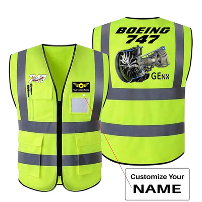 Boeing 747 & GENX Engine aviation design printed on high-visibility reflective fabric reflective vest.