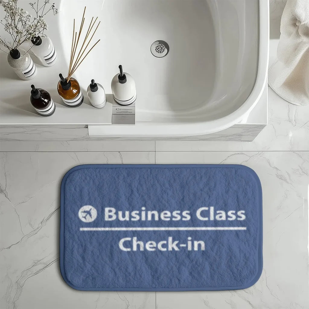Business Class - Check In aviation print bath mat, soft absorbent fabric with non-slip backing.