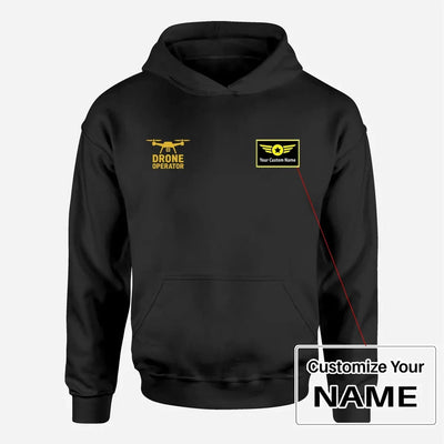 Drone Operator aviation design on soft cotton blend men's hoodie with small chest logo.