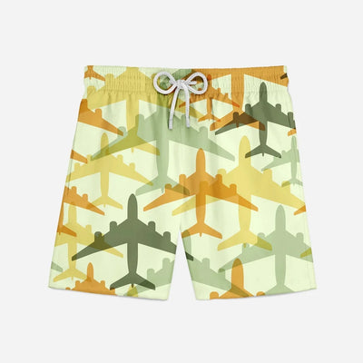 Seamless Colourful Airplanes aviation design on quick-dry polyester swim trunks.