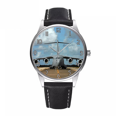 Side view of Face to Face with Military Cargo Airplane aviation watch with leather strap in leather strap, polished finish.