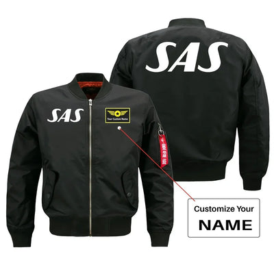 SAS Airlines aviation design with custom name embroidered on black bomber jacket