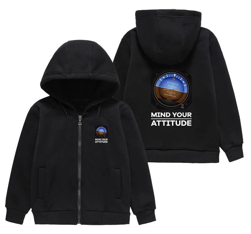 Mind Your Attitude "CHILDREN" aviation print on kids soft cotton blend zipped hoodie.