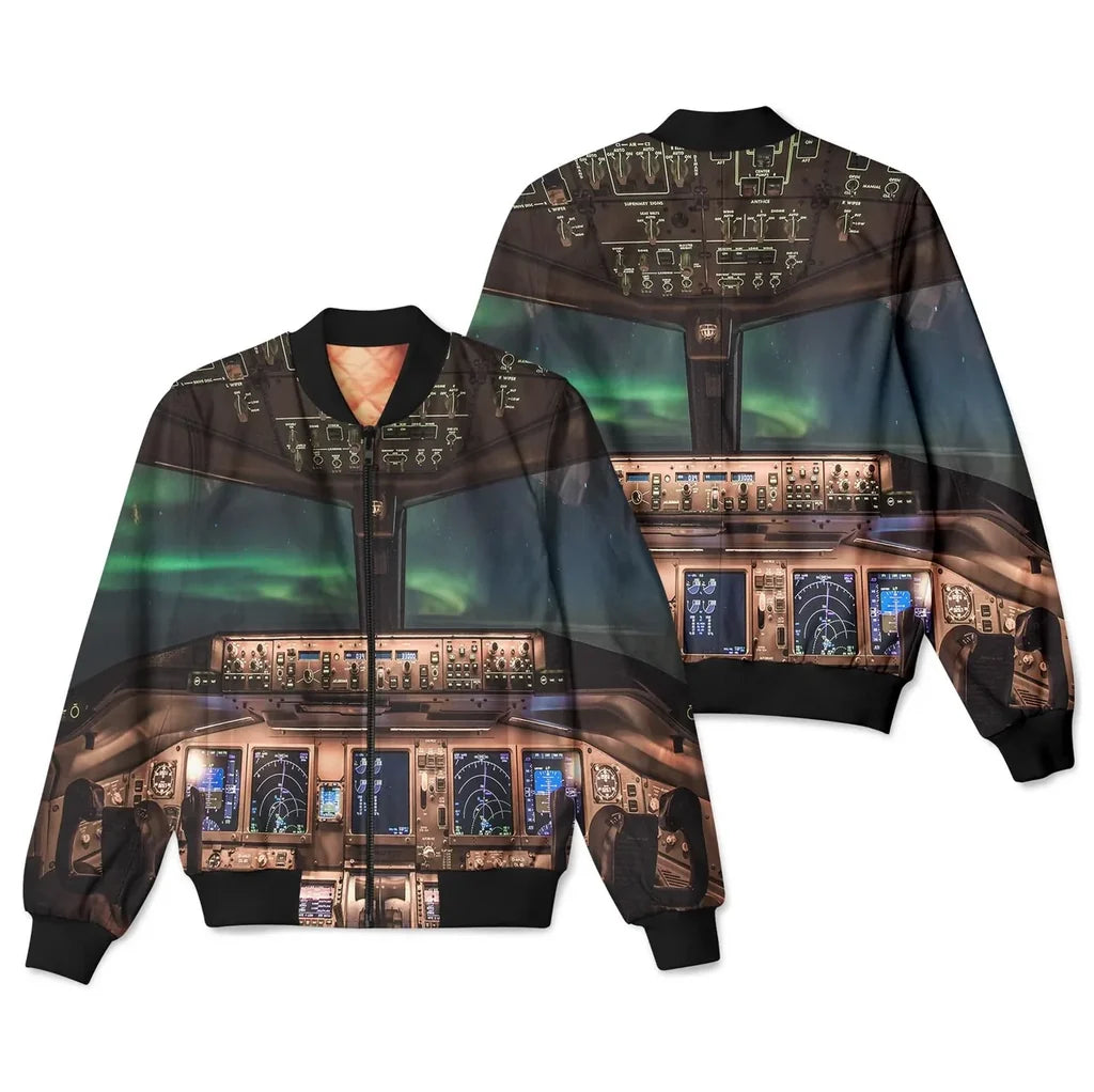 Boeing 777 Cockpit aviation design printed on padded shell with full sublimation print 3D bomber jacket.