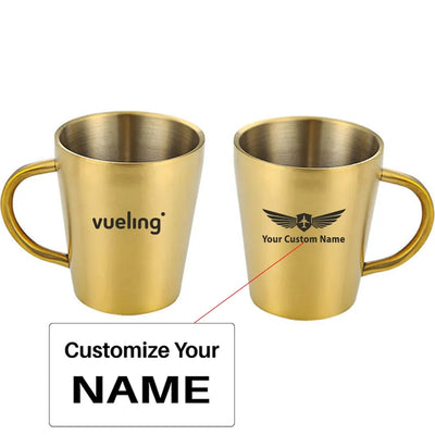 Vueling Airlines aviation design on stainless coffee mug, durable stainless steel construction.