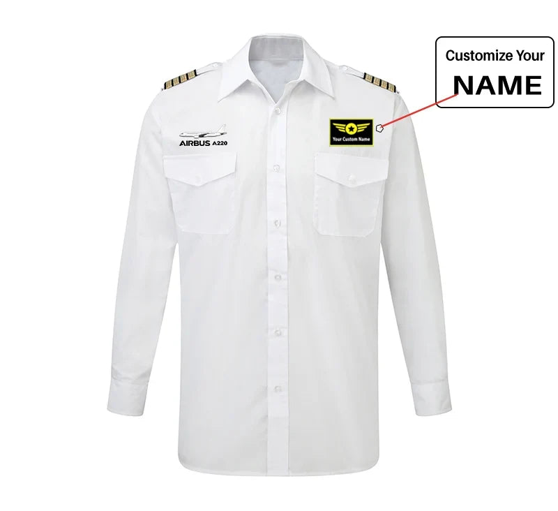 The Airbus A220 aviation design printed on crisp poplin cotton long-sleeve pilot shirt.