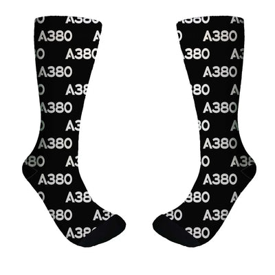 Airbus A380 Flat Text aviation design on soft cotton blend socks.