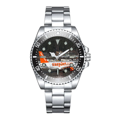 Side view of Easyjet's A320 Luxury Aviators aviation aviator watch in premium stainless steel, polished finish.