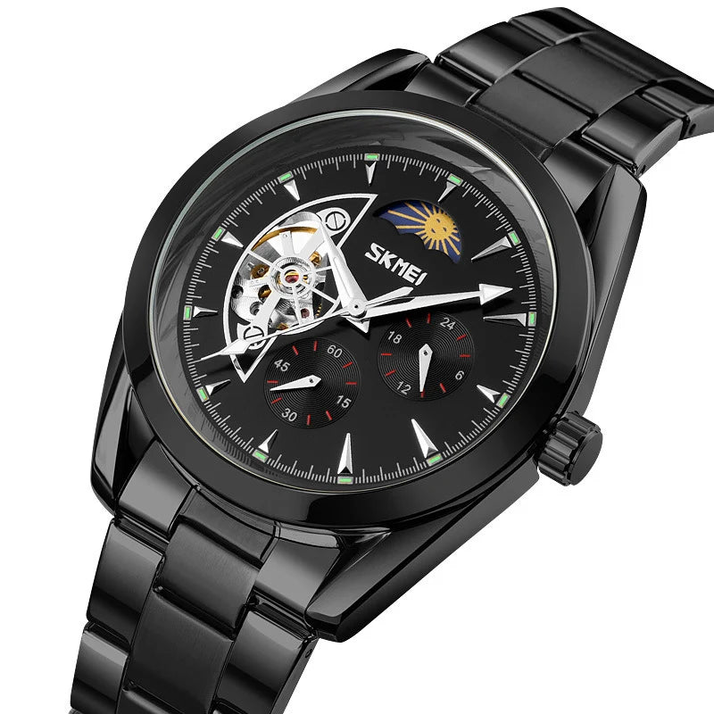 Fully Automatic Mechanical Moon Phase Hollow Bottom Waterproof Watch aviation stainless steel accessory in stainless steel.