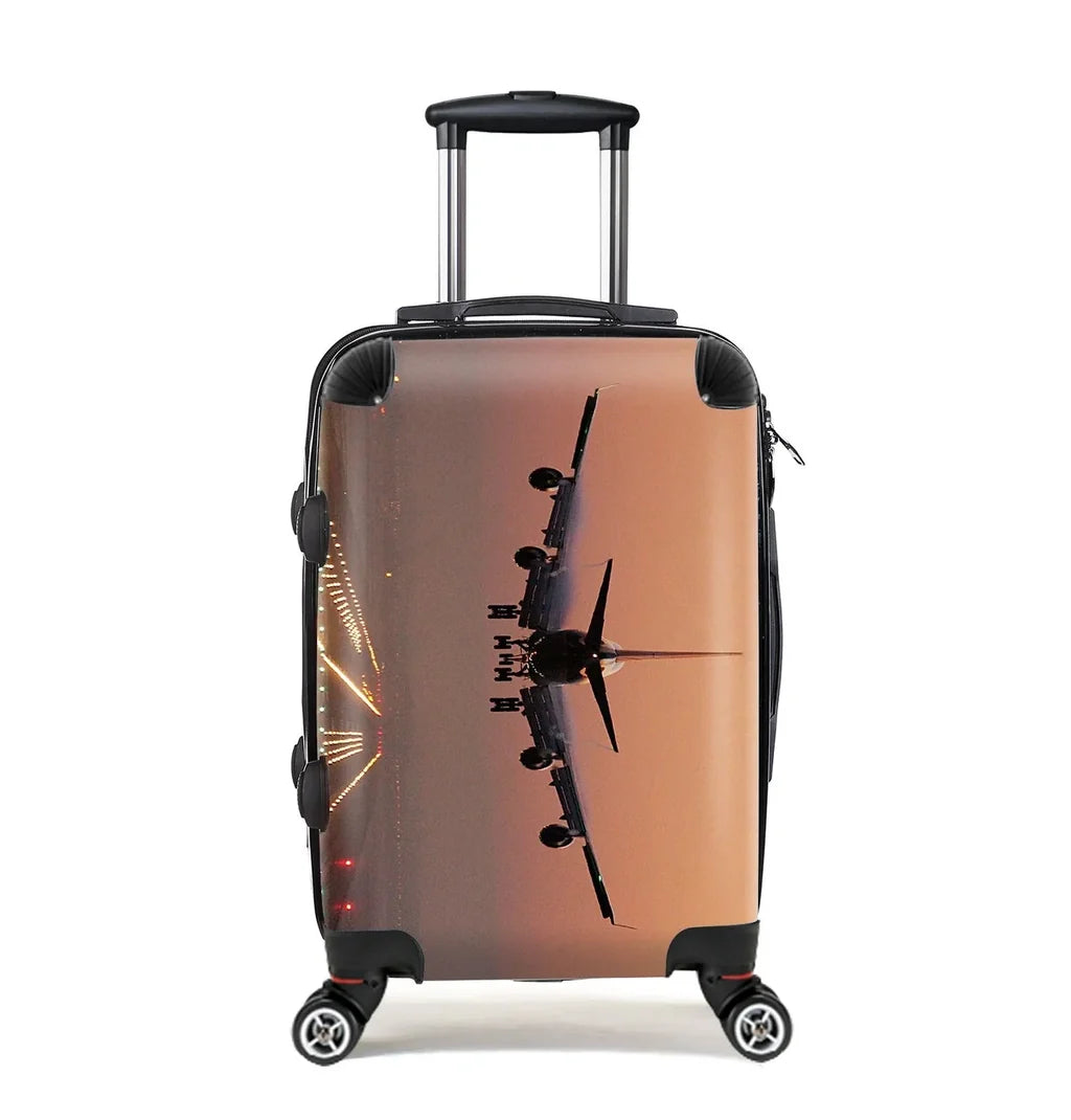 Landing Boeing 747 During Sunset Cabin Size aviation luggage in durable shell.