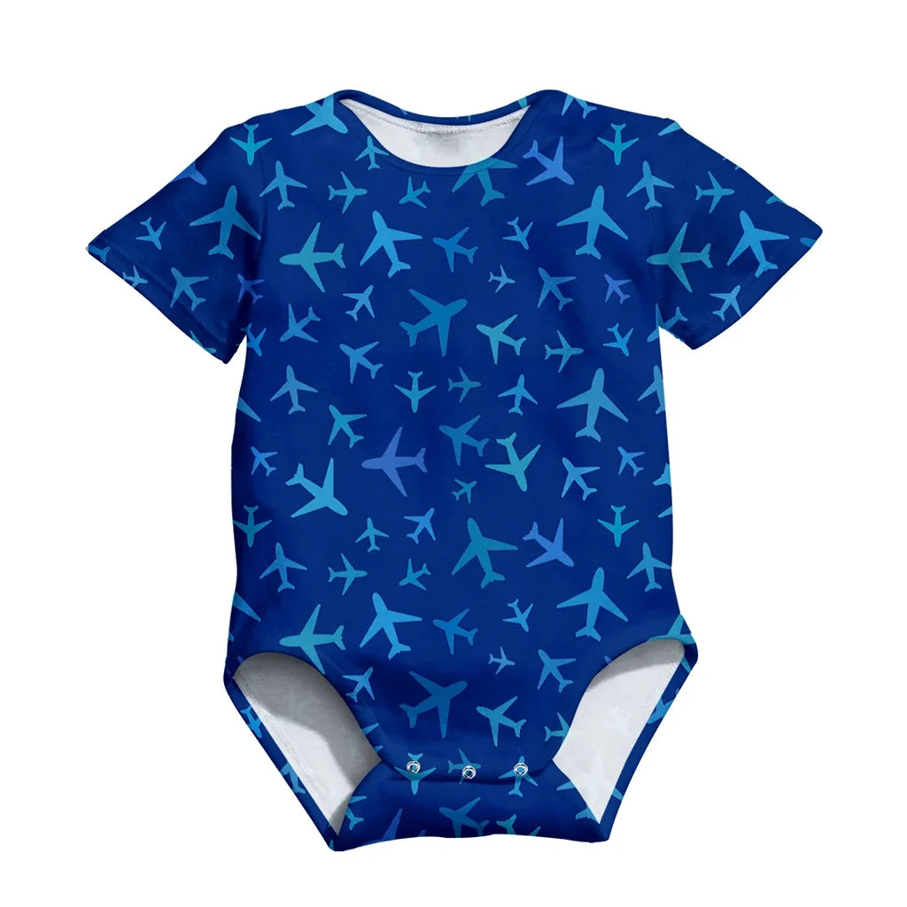 Many Airplanes Blue aviation design on gentle cotton 3D-printed baby bodysuit.
